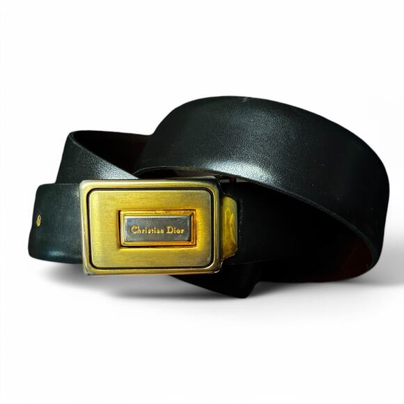 Authentic Christian Dior Black Brown Leather Gold Buckle Belt double sided 37in - Picture 1 of 16